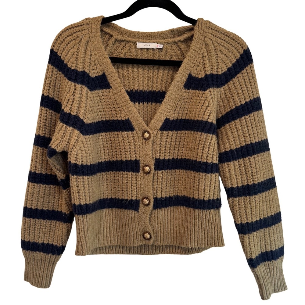 Lush Women Tan Navy Blue Striped Chunky Knit V-Neck Cardigan Sweater‎ Small
